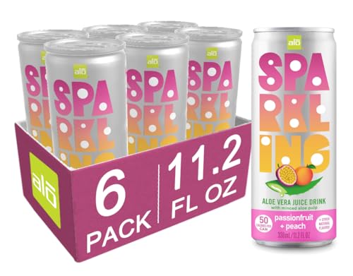 ALO Sparkling Passion Fruit & Peach Carbonated Aloe Vera Juice Drink | 11.2 fl oz, Pack of 6
